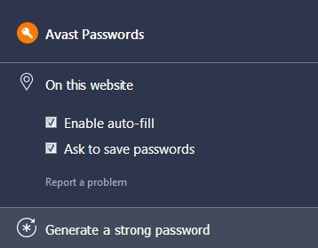 Avast Free Antivirus Passwords generate a strong password menu