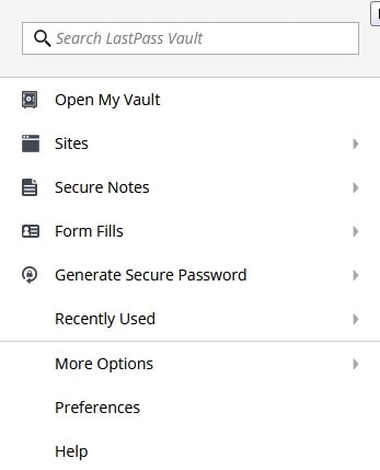 LastPass add-on menu LastPass add-on menu