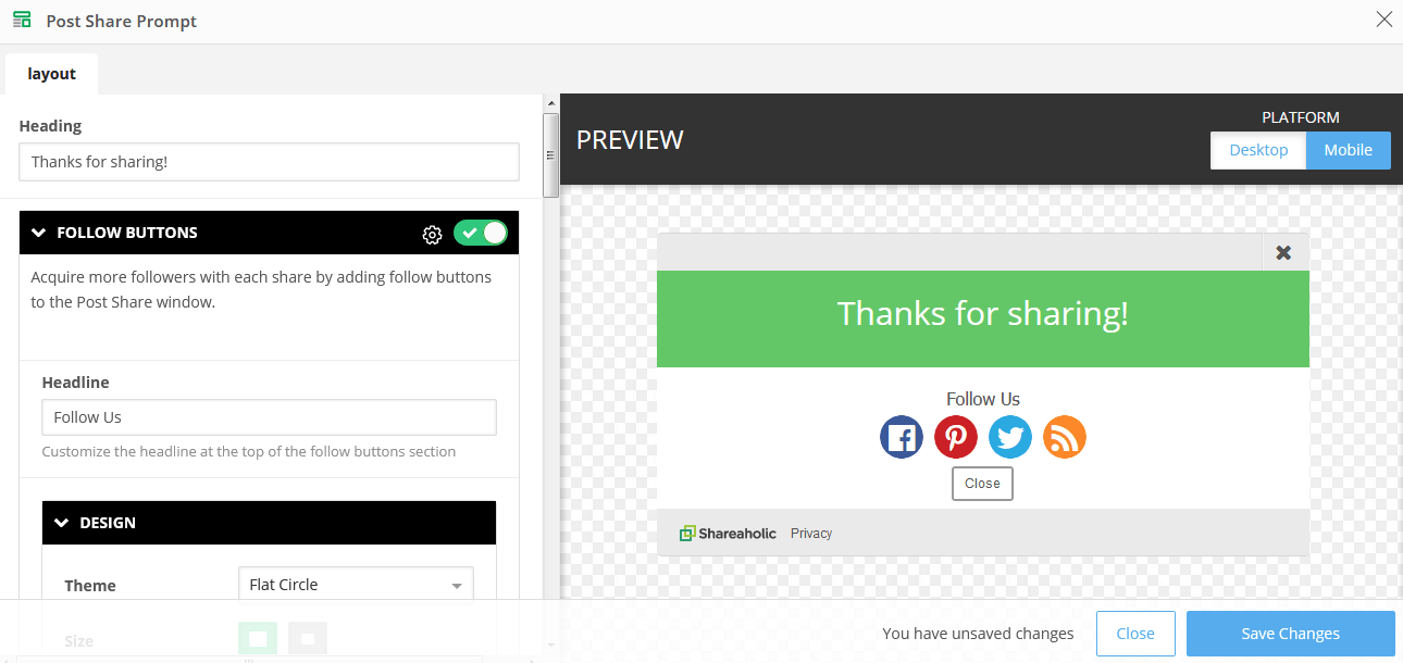Shareaholic Post Share Prompt settings menu Shareaholic Post Share Prompt settings menu