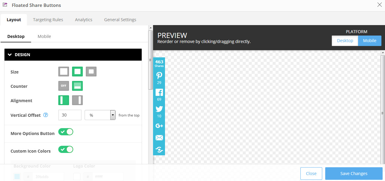 Shareaholic Floated Share Buttons settings menu Shareaholic Floated Share Buttons settings menu
