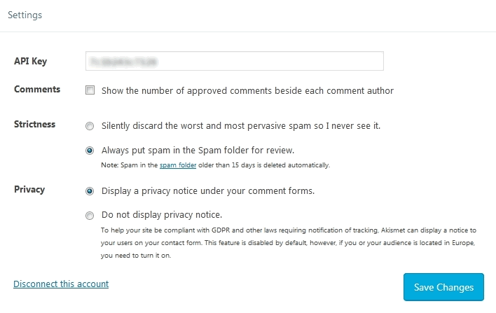 Jetpack Plugin Akismet Settings Jetpack Plugin Akismet Settings with options for comments, strictness, privacy and moderation
