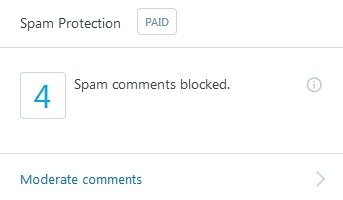 Jetpack Plugin Spam Protection Module Jetpack Plugin Spam Protection Module summary screen with amount of spam comments block and moderate button