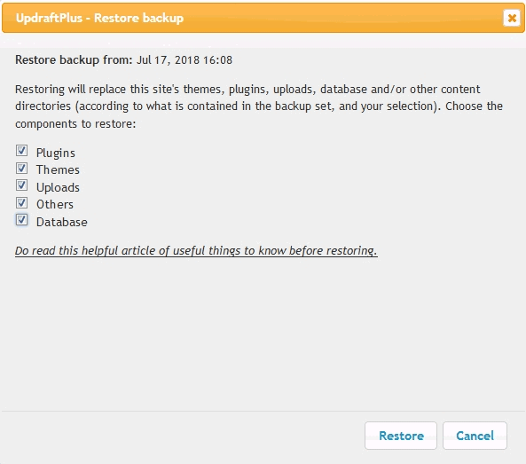 restore wordpress from backup updraftplus restore choose components Updraftplus restore wordpress from backup restore screen for choosing components like themes, plugins, uploads, database and others