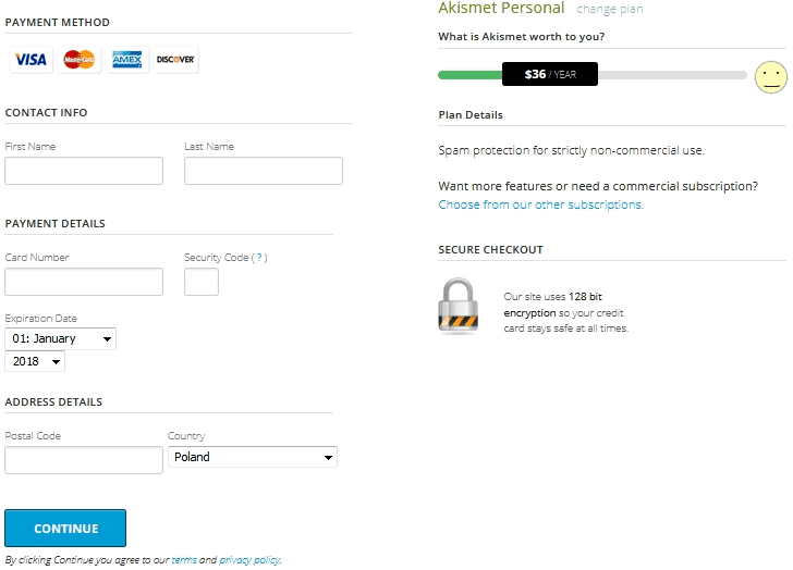 WordPress spam plugin Akismet personal plan choose your price WordPress spam plugin Akismet free personal plans screen for entering payment details