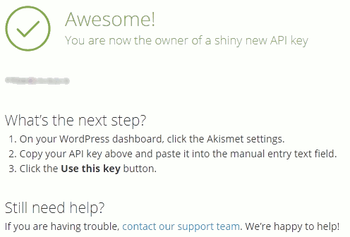 WordPress spam plugin Akismet API Key WordPress spam plugin Akismet's sign up complete screen with API key provided