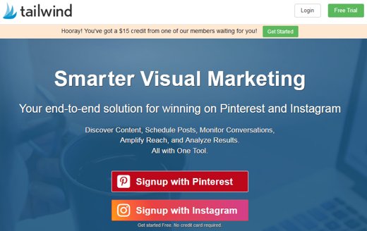 Tailwind Pinterest apps sign up page showing free credit at the top
