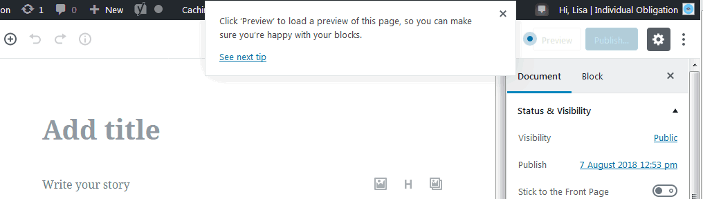 Example of the WordPress Gutenberg editor tips that show when first opened