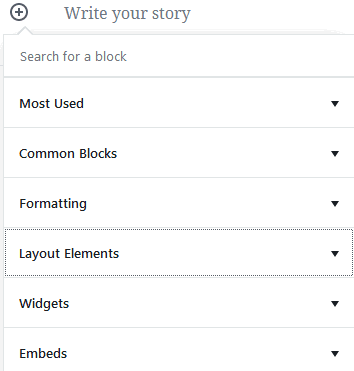 WordPress Gutenberg editor block categories available when clicking add block