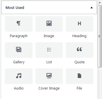 WordPress Gutenberg editor block category for the most used blocks