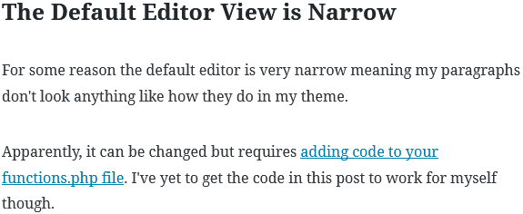 Example of how narrow the WordPress Gutenberg editor is