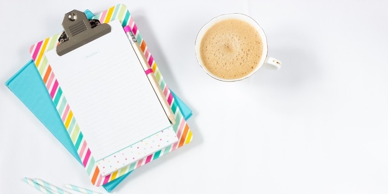 Start a WordPress blog sky blue notepad, coffee and pencils