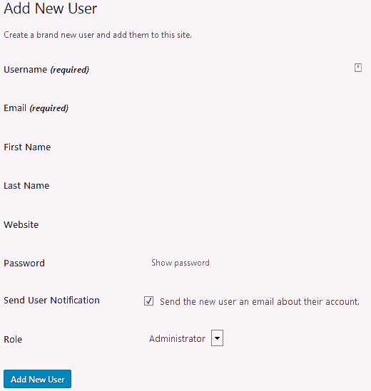 Screen to create a new login to avoid admin as username when you start a wordpress blog