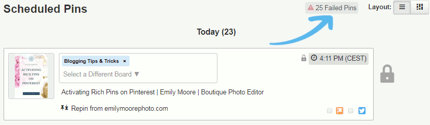 Tailwindapp scheduled Pinterest pins screen with 25 failed pins error message showing in the corner