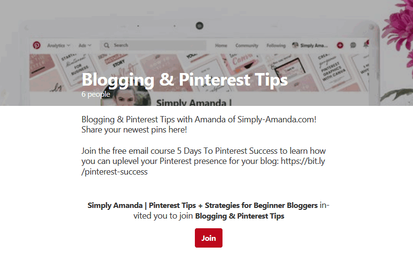 Pinterest Communities invite screen with join button to immediately join community