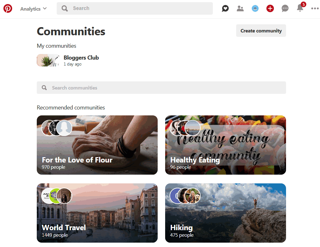 Main home page for Pinterest Communities