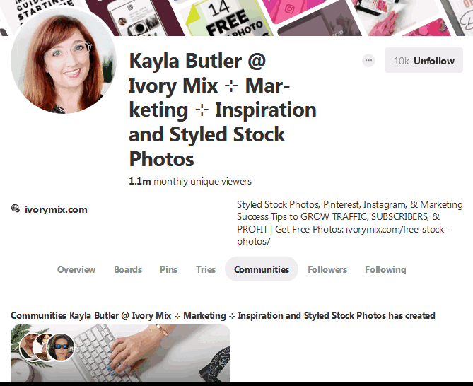 Example of other users profile showing Pinterest Communities button