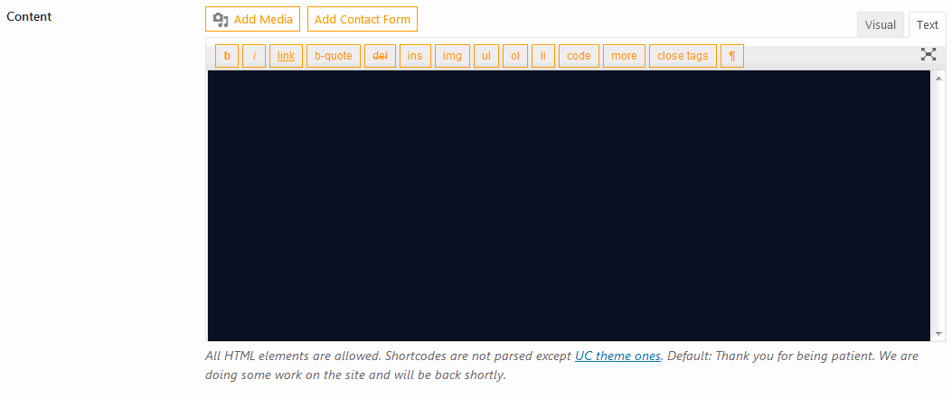 WordPress coming soon plugin Under Construction page's Content window for HTML