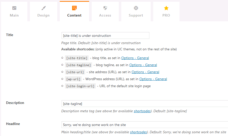 Content settings for the WordPress coming soon plugin Under Construction page