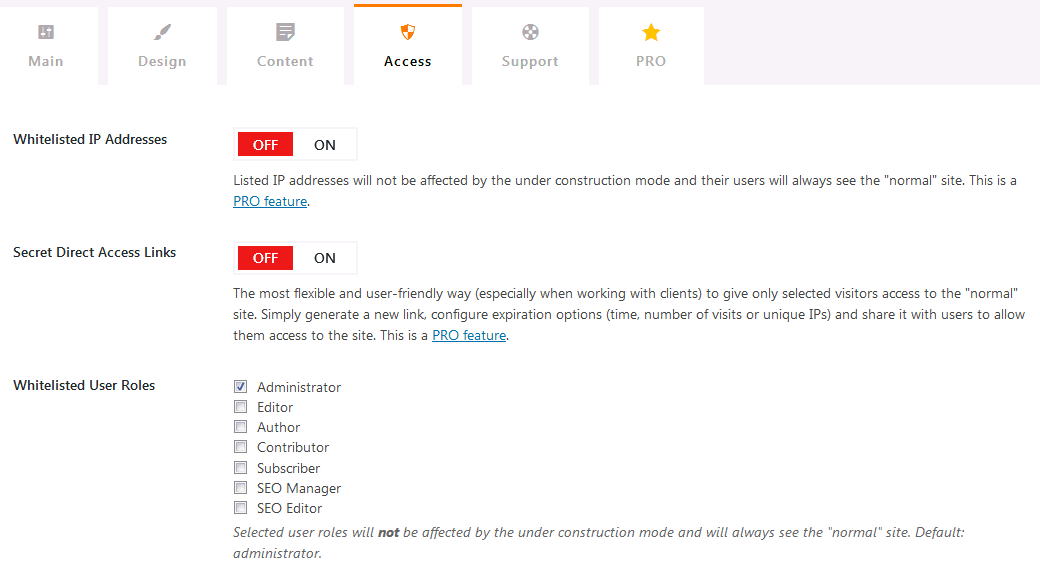 Access settings page for the WordPress coming soon plugin Under Construction page