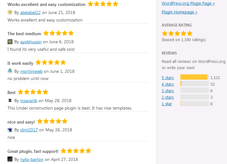 Positive reviews for the WordPress coming soon plugin Under Construction Page