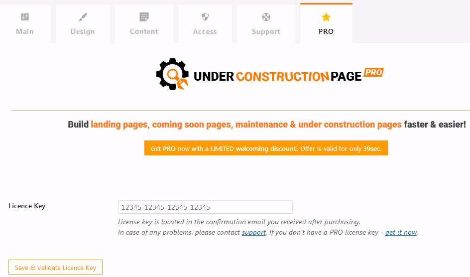 Pro tab of the WordPress coming soon plugin Under Construction page