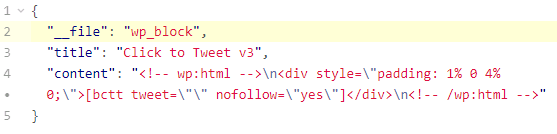 What the inside of a JSON WordPress gutenberg reusable blocks looks like
