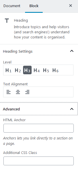 Wordpress gutenberg reusable blocks heading HTML anchor text for heading blocks
