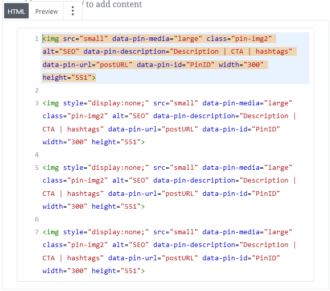 Wordpress gutenberg reusable blocks for embedding pinterest descriptions into a blog page HTML preview