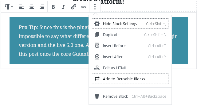 Wordpress gutenberg reusable blocks more options button to convert the block