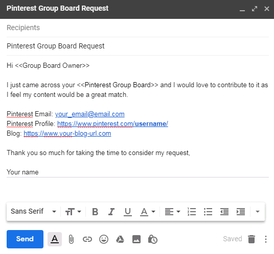 Pinterest group boards yet another mail merge add-on example email template 3