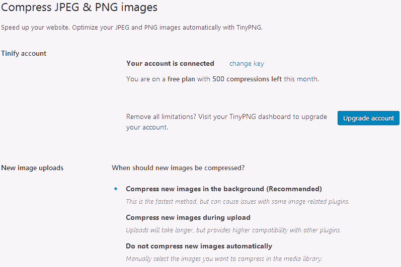Settings for the best tools for bloggers in the TinyPNG WordPress plugin