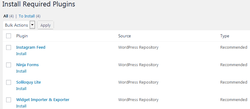 WordPress admin dashboard list of recommended plugins based on your theme