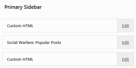 WordPress admin dashboard example of widgets screen using the social warfare widget to add popular posts to the blog sidebar