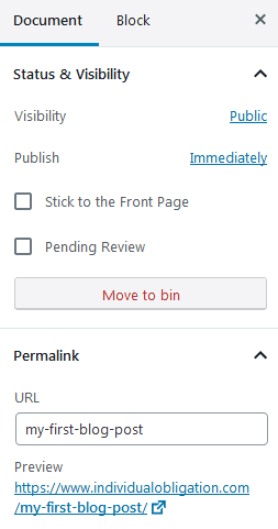 How To Write Your First Blog Post On WordPress Gutenberg Document Settings