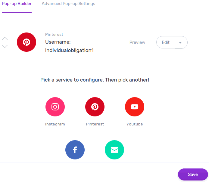 Pinterest widget alternative MiloTree's pop-up builder settings which let's you set multiple accounts