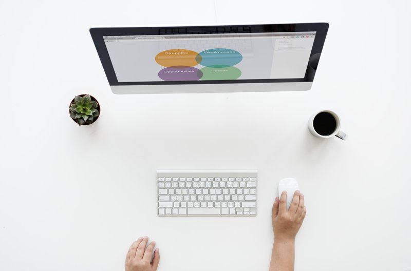 Pinterest widget header image of mac screen on white surface, with person touching the keyboard and mouse