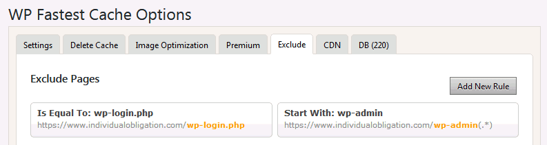 WordPress security tips on where to find the exclude tab in WP Fastest Cache