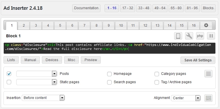 Ad Inserter Plugin With Affiliate Disclosure Code Added And Setup