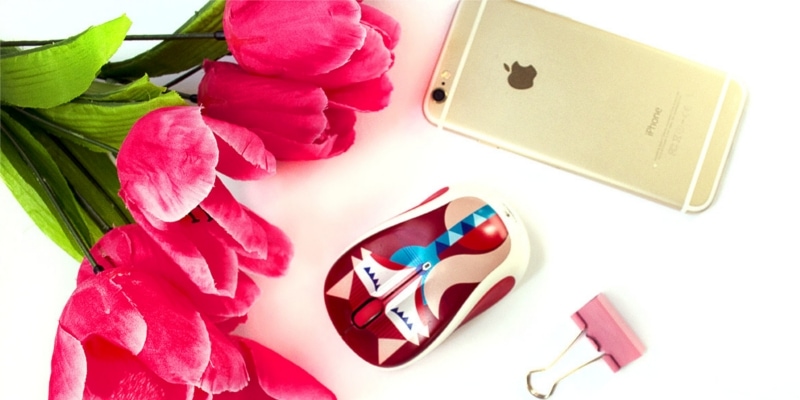 Red Fox Mouse With Pink Glitter Notebook And Pink Tulips