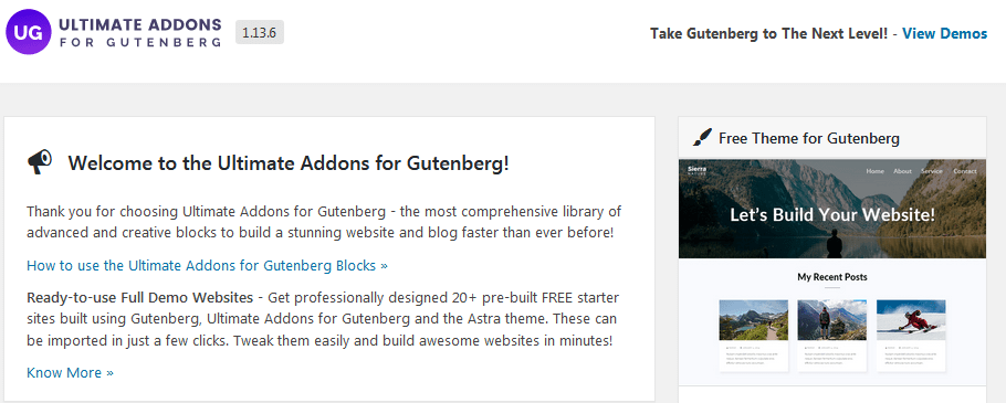 Ultimate Addons Welcome Page For Gutenberg Blocks