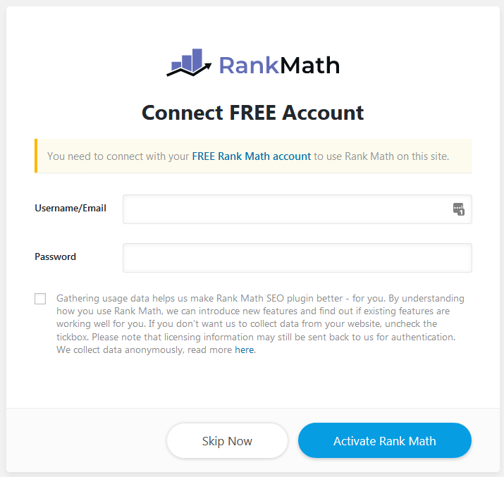 Rank Math Connect Your Free Account Create An Account Or Skip To Use The Plugin