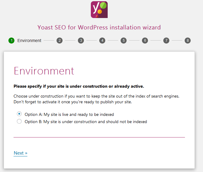 The Yoast Seo WordPress Installation Wizard For Picking A Setting For Either A Live Website Or Under Construction