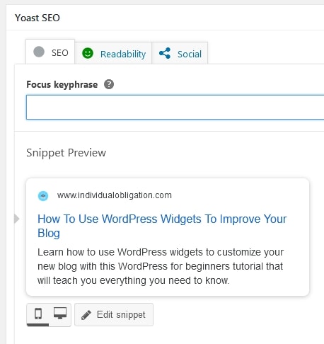 What The Yoast Seo Widget Looks Like Within The Classic WordPress Editor