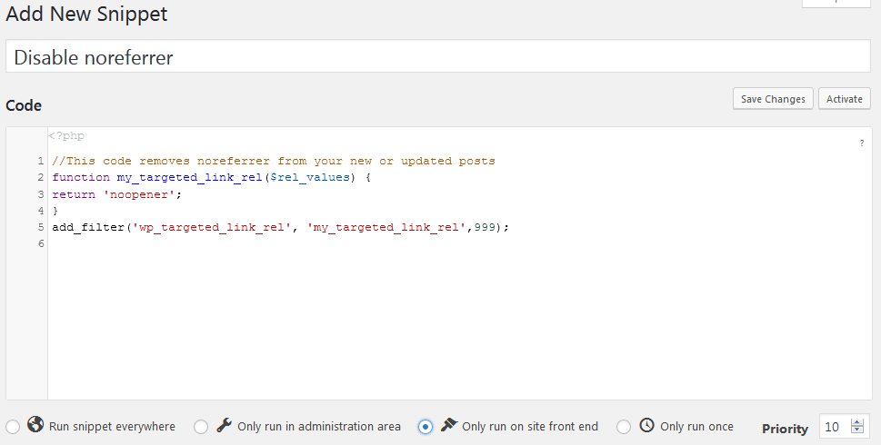 How To Stop WordPress From Adding Noreferrer Using Code Snippet Plugin And Some Code