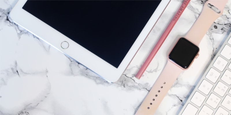 Blogging Desk With Tablet Keyboard Pink Pen Watch