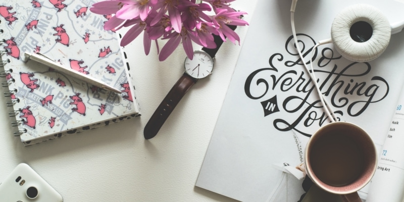 Blogging Stationary Notebooks Camera Headphones Coffee Pink Flowers