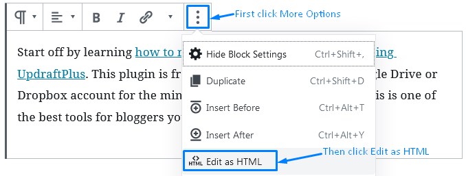 Wordpress Gutenberg Links How To Edit As Html To See Attributes Applied