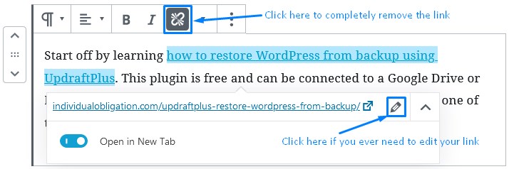 Wordpress Gutenberg Options To Remove Links Or Edit Them