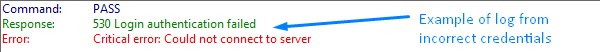 Failed WordPress Ftp Connection Log Message In Filezilla With Incorrect Settings And Credentials