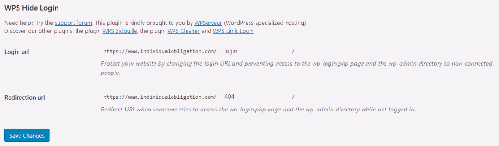 WordPress security tips plugin WPS Hide Login's setting screen to change the URL